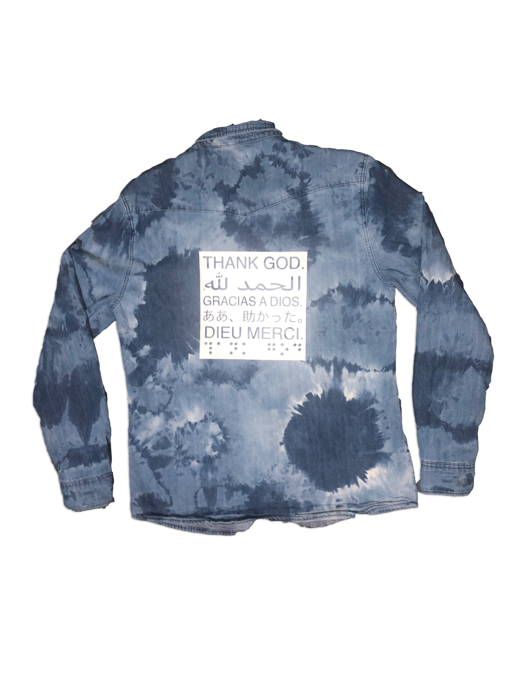 This is a bleach dyed jean jacket with thank god written on it